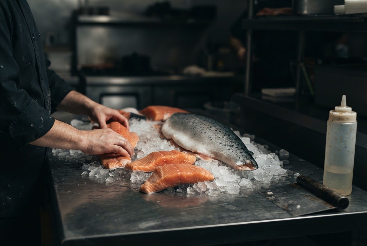 Raw wild-caught fillets on crushed ice on a dark stainless surface, skin and true flesh color visible, a couple of whole